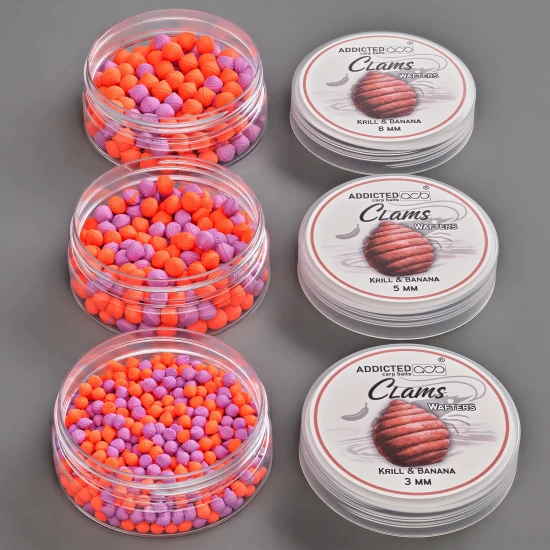 Wafters-ADDICTED-CARP-BAITS-Clams-Krill-Banana-Mov-amp-Portocaliu-5mm-25g-550x550-1.webp clams wafter krill banana - imagine principală