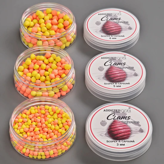 Wafters-ADDICTED-CARP-BAITS-Clams-Scopex-Capsuna-Portocaliu-Washed-amp-Galben-8mm-25g-550x550-1.webp clams wafter scopex capsuna 8mm - imagine principală